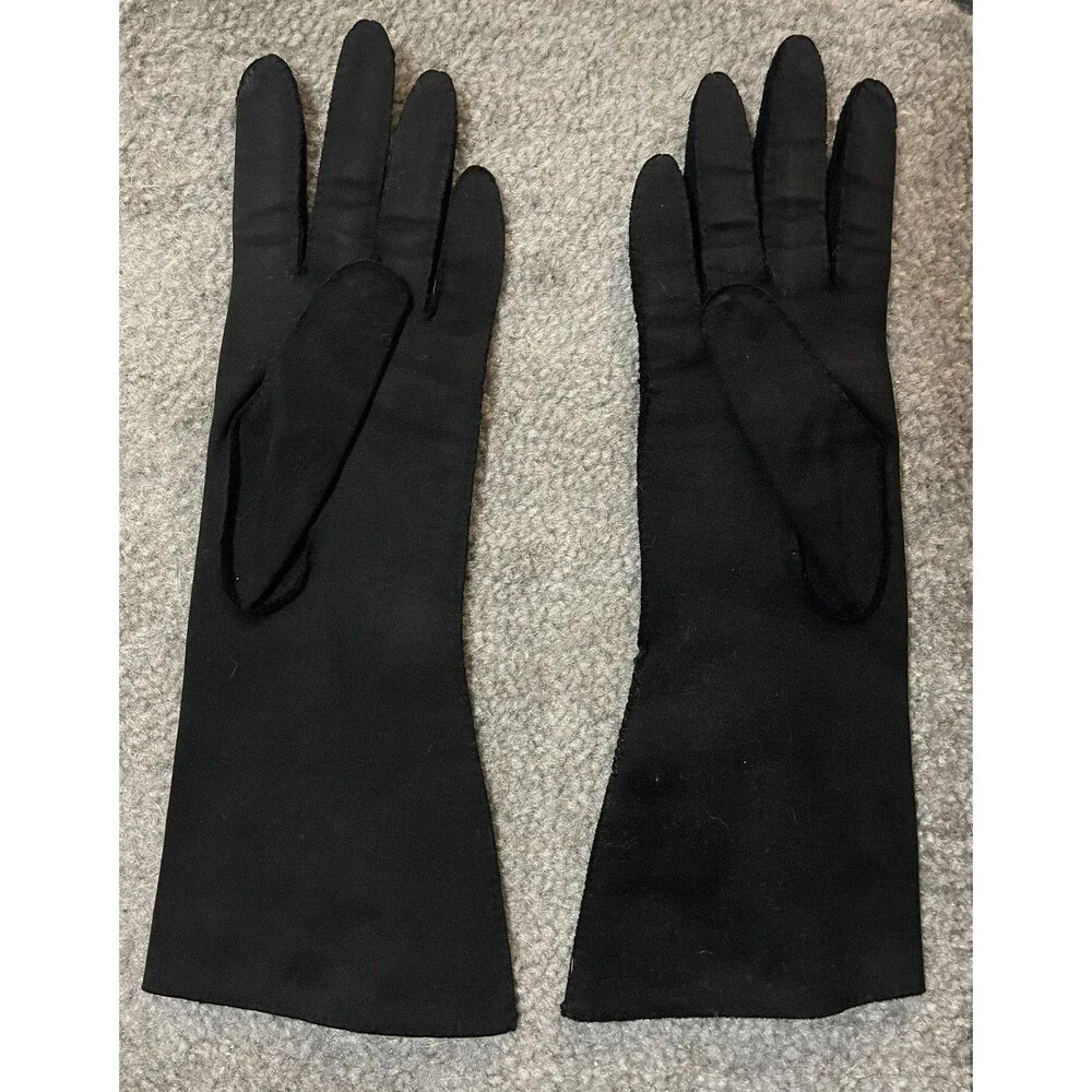 Vintage Fownes Doette Deluxe Long Black Gloves Floral Embroidery Hand Sewn Sz 7